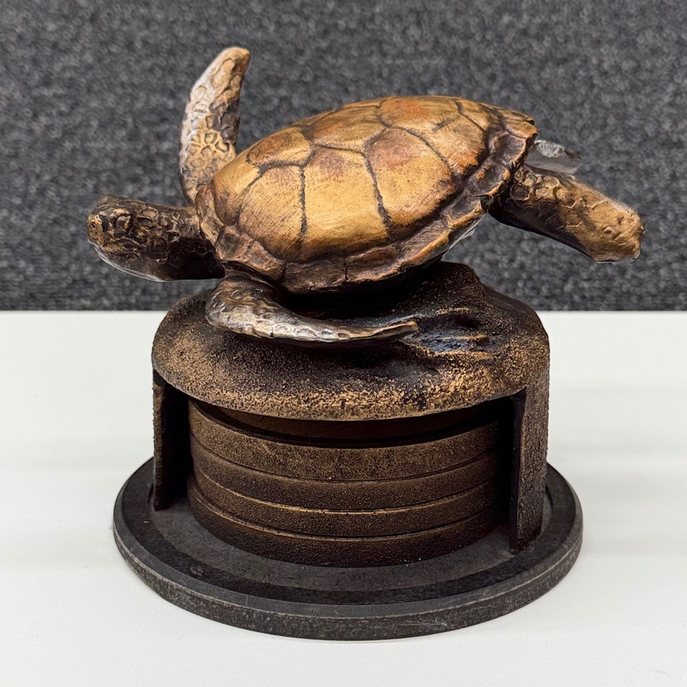 Sea Turtle Coaster Set with‎ Holder Bronze Tone Nautical Coastal Decor 5pc Set